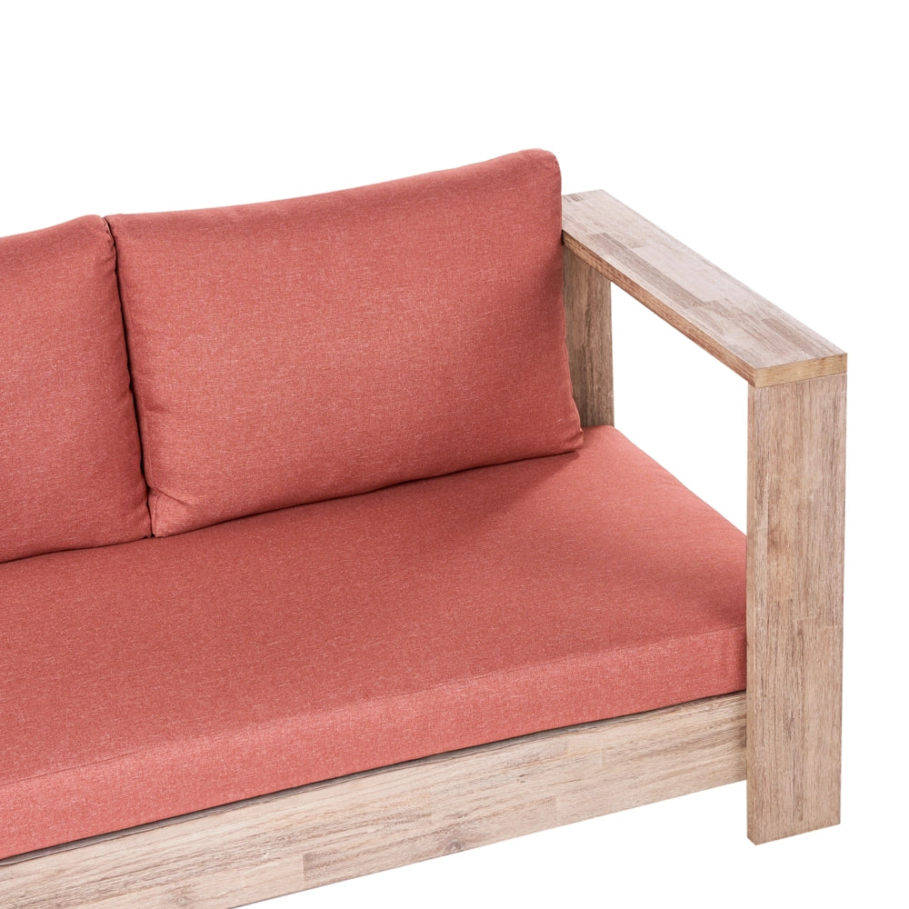 Set Lounge da Esterno con Divano Angolare Sinistro a 5 Posti in Legno di Acacia Certificato Chiaro con Cuscini Rossi e Tavolino Laterale
