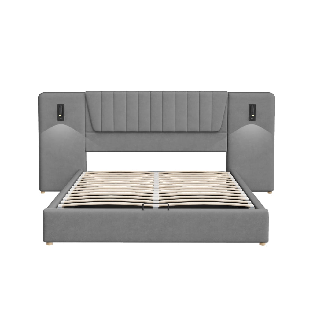 Letto matrimoniale imbottito 180x200 cm con testiera lunga; luci LED e USB; grigio