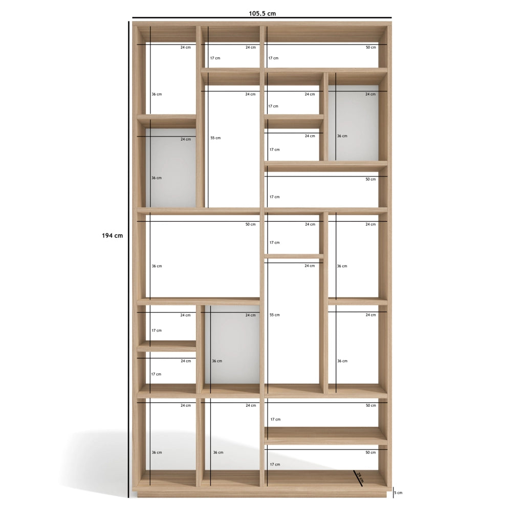 Libreria asimmetrica Herdasa 21 vani effetto noce chiaro bianco