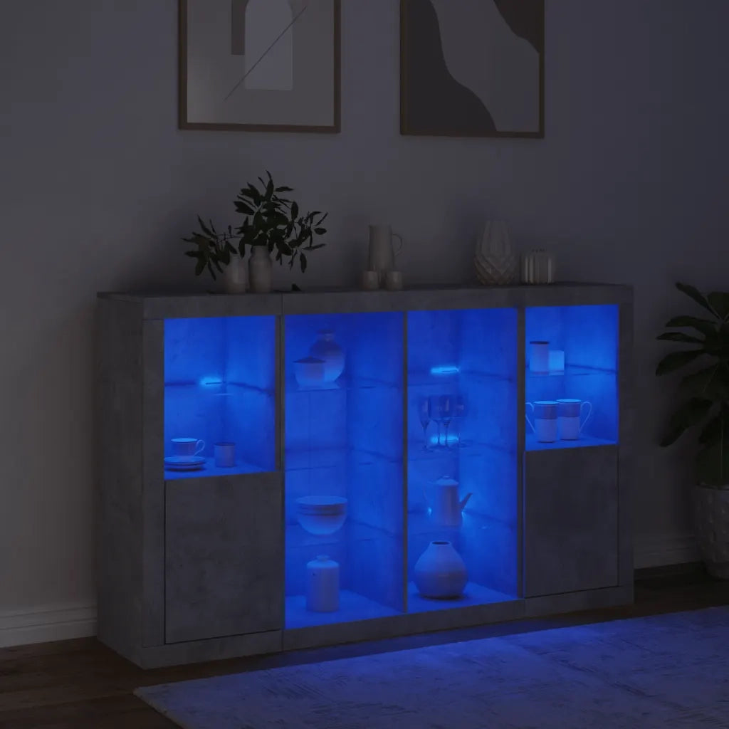Credenze con Luci LED 3 pz Grigio Cemento in Legno Multistrato