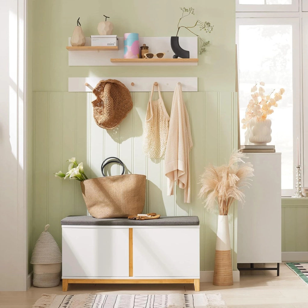 Panca Scarpiera Ingresso con Seduta, Cassapanca Contenitore da Interno con 2 Ante, in Legno ingegnerizzato + Bambù 90x34x46cm Bianco FSR117-W