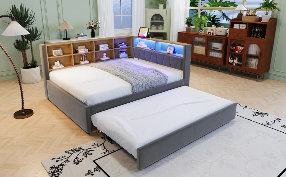 DESMIU Divano letto 140 × 200 cm 2 posti con LED, USB, Type-C e presa, senza materasso, in flanella grigio scuro
