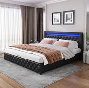 Letto imbottito 160x200 cm con rete, contenitore e LED, nero