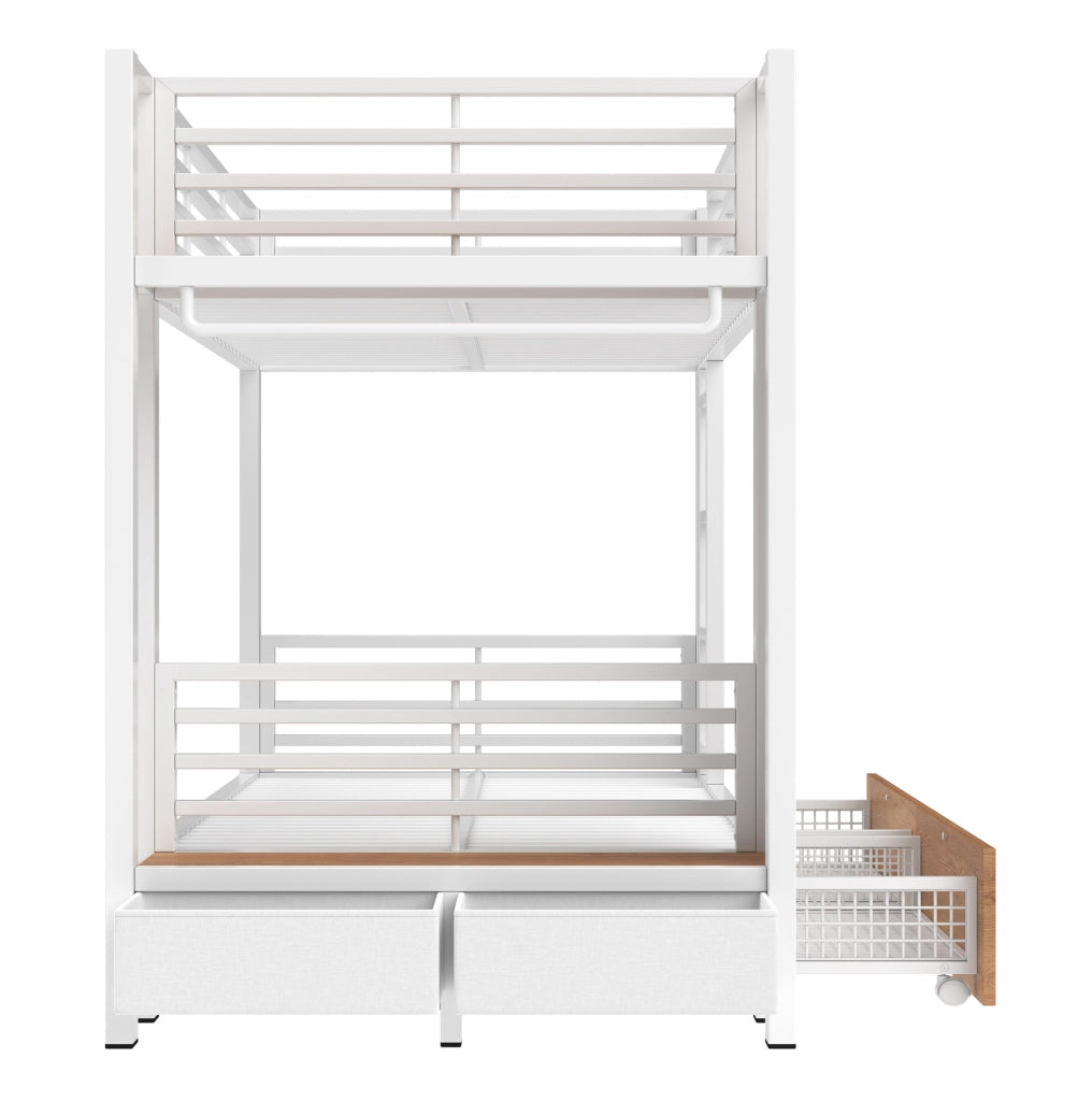 Letto a castello 90x200 cm in MDF e metallo bianco con LED; 2 cassetti e vano appendiabiti