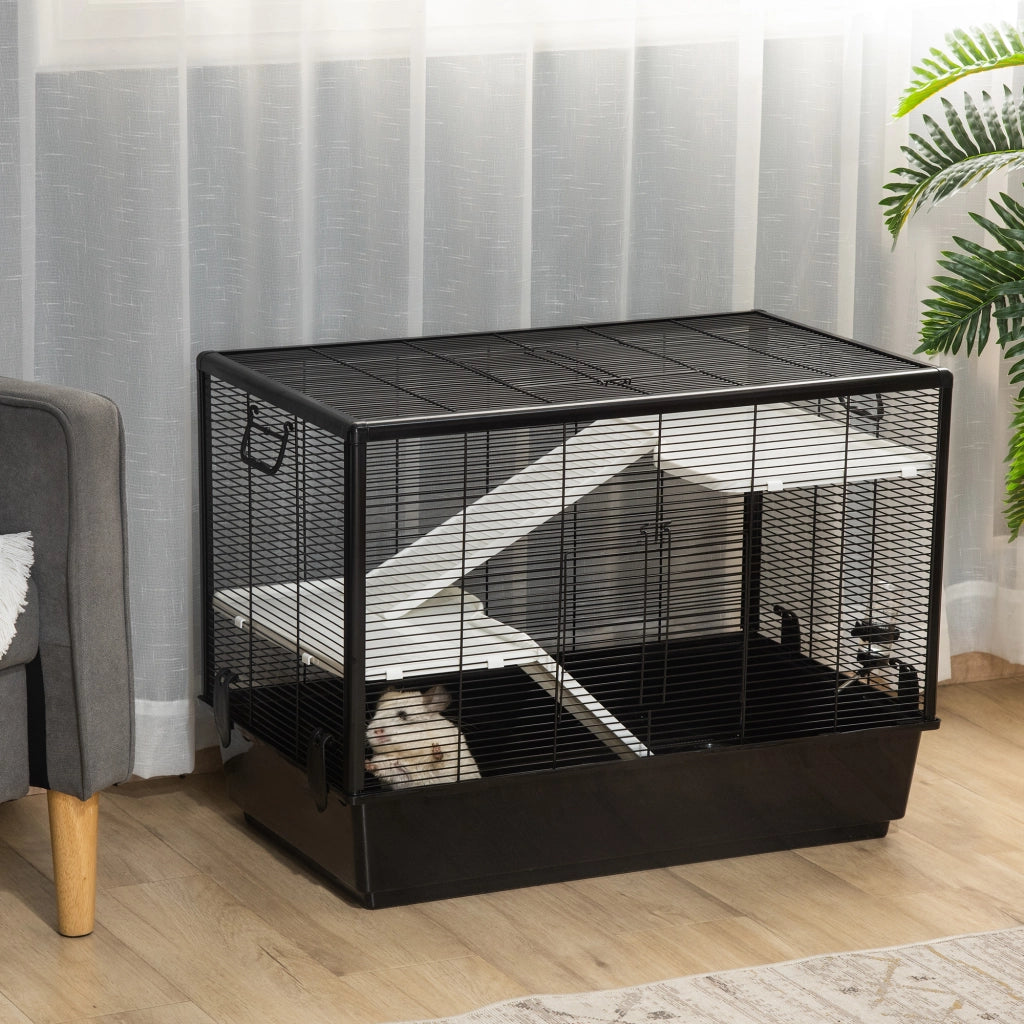 Easycomfort Gabbia per Porcellino d'India con Maniglia, Serbatoio d'Acqua, Rampa e Piatto, 80x48x58cm, Nera