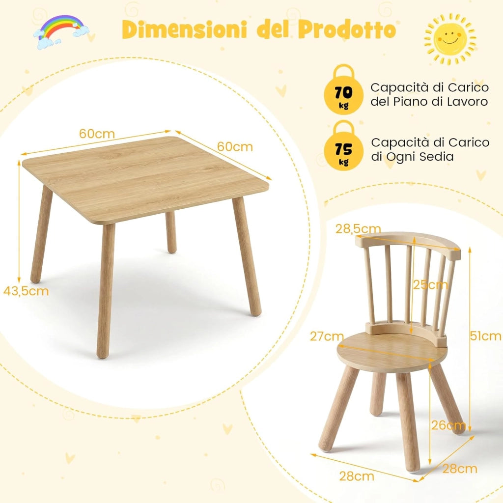 Set Tavolo e 2 Sedie per Bambini, Tavolo Attività con Schienali a Spindola Curvi, Sedute Rotonde e Gambe in Legno Massello, Tavolino per Bambini 3+ Anni per Disegno, Gioco e Studio (Naturale)