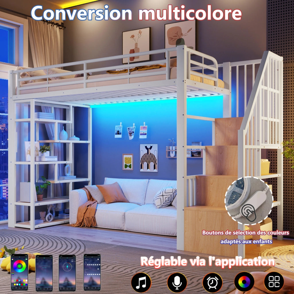 Letto a soppalco 90x200 cm con spazio libero sottostante; LED; ripiano; gradini integrati e parapetto; metallo bianco