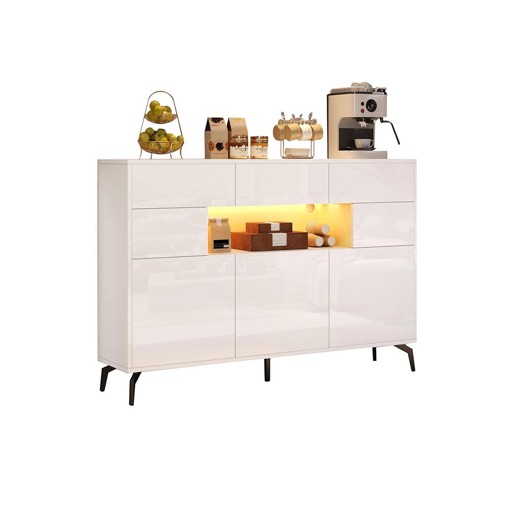 Credenza Soggiorno 140x30x94cm - Xylo - Lucida con 3 Cassetti e Luci LED, Colore Bianco
