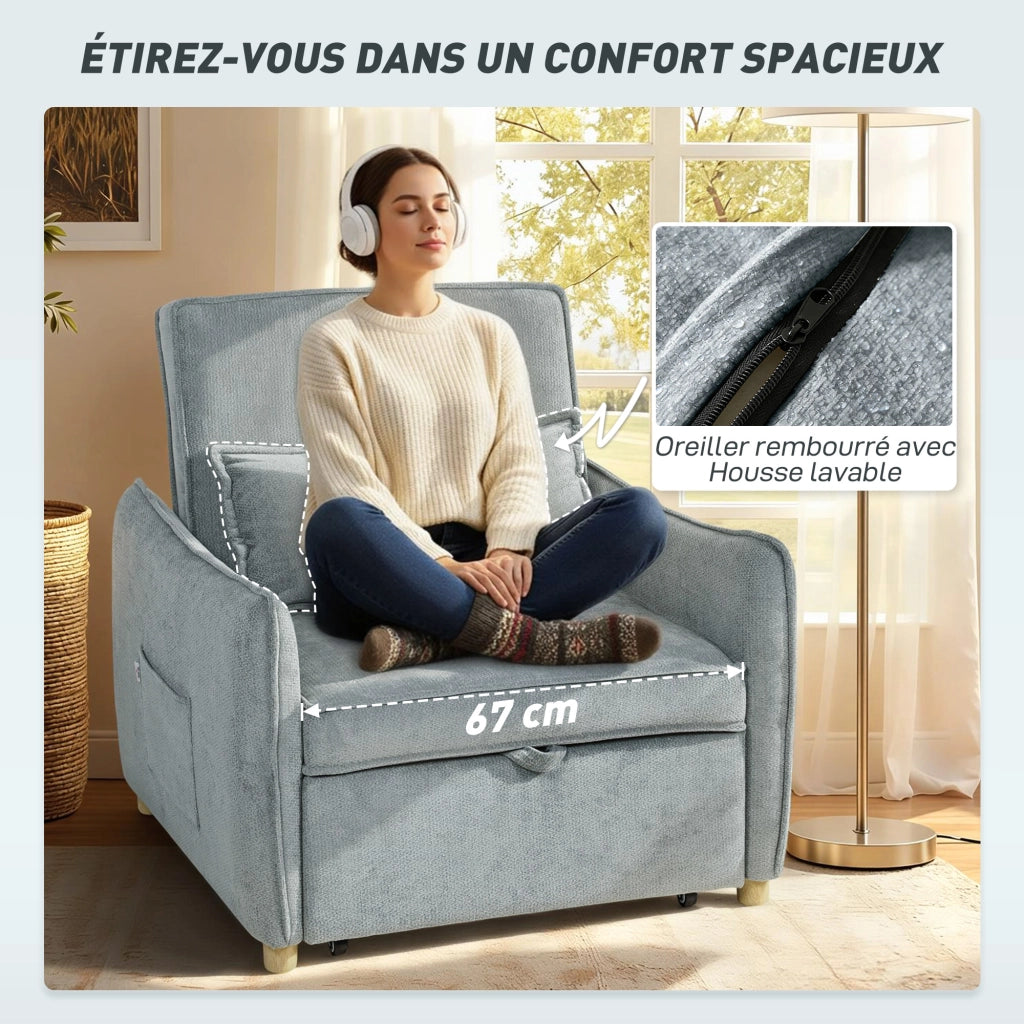 Poltrona letto convertibile 3 in 1 ¨C Xylo ¨C tessuto chenille grigio 88x84x87cm