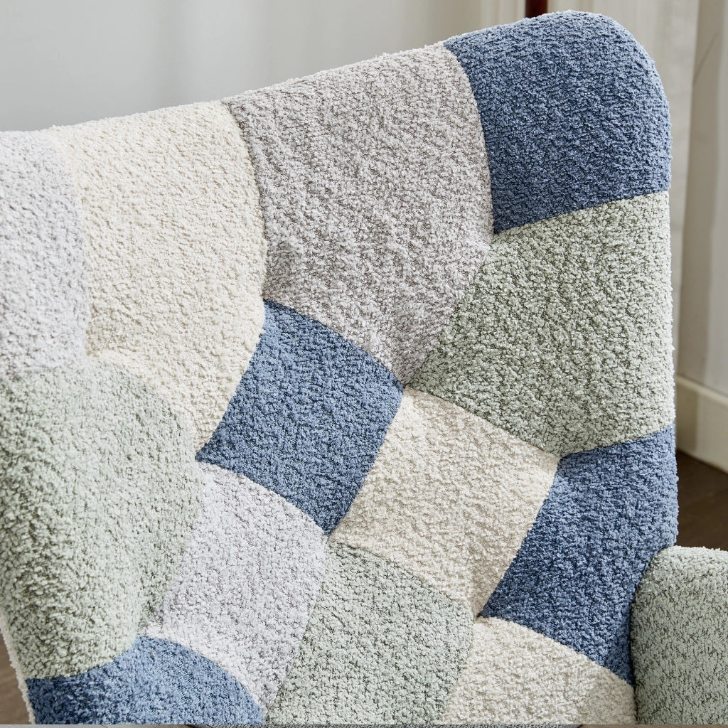 Sedia a Dondolo con Poggiapiedi Poltrona Relax Moderna in Tessuto Patchwork Beige e Blu