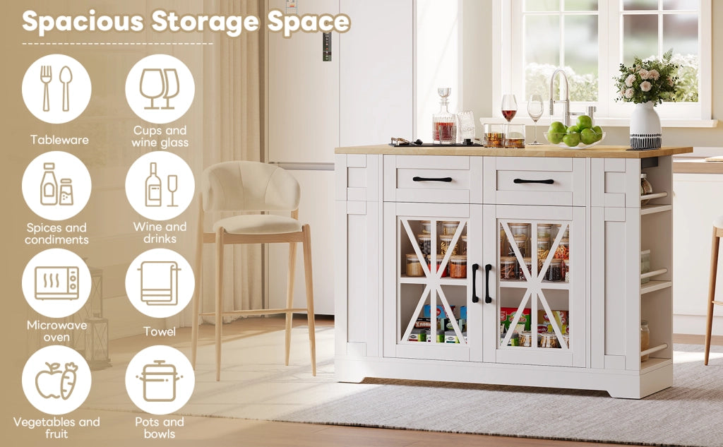 Isola cucina con piano ribaltabile, 2 ante in vetro, 2 cassetti, ripiani aperti, prese elettriche e USB, su ruote