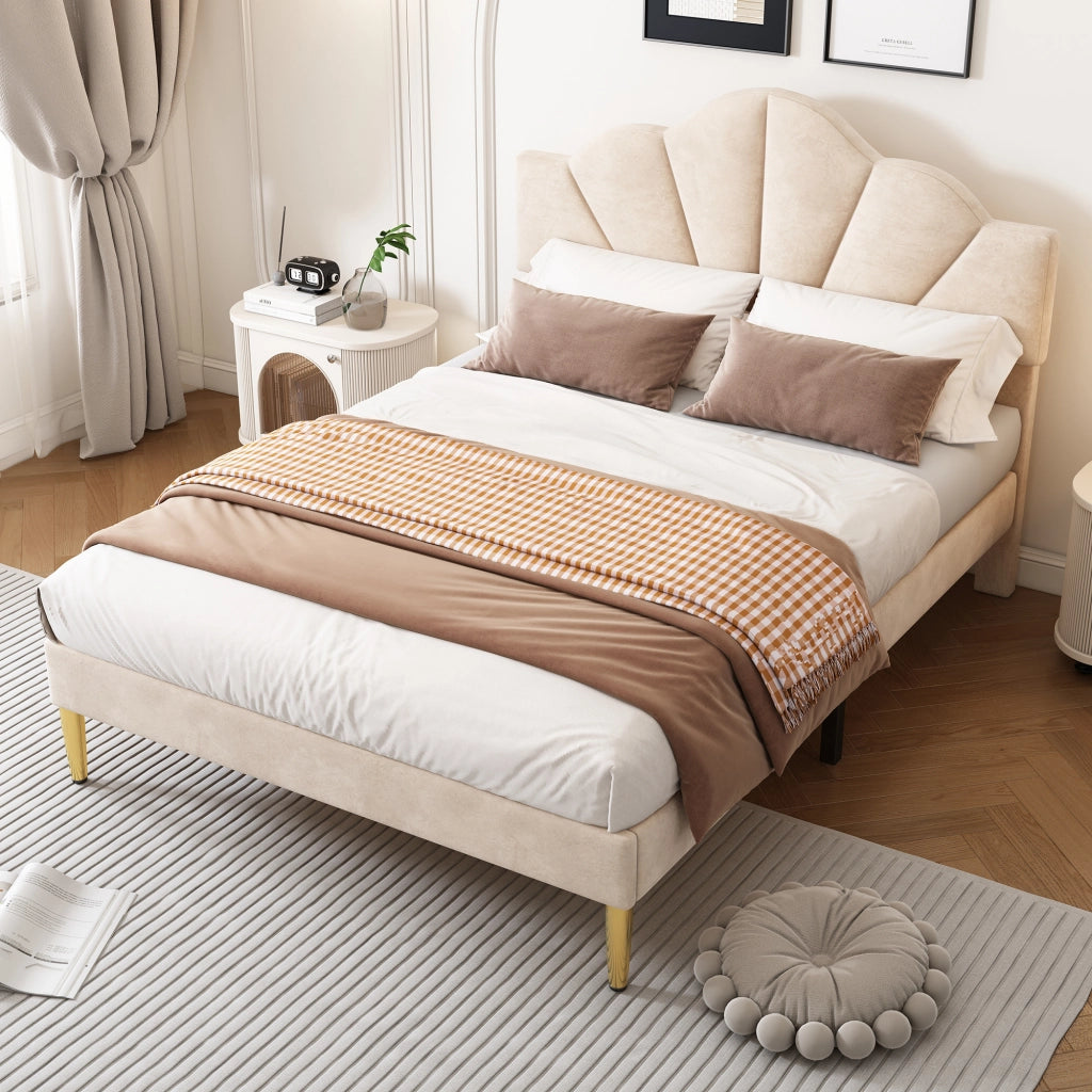 OKWISH Letto Imbottito 140×200 cm, Letto Matrimoniale con Testiera Regolabile e Piedini Dorati, senza Materasso, in Velluto, Beige