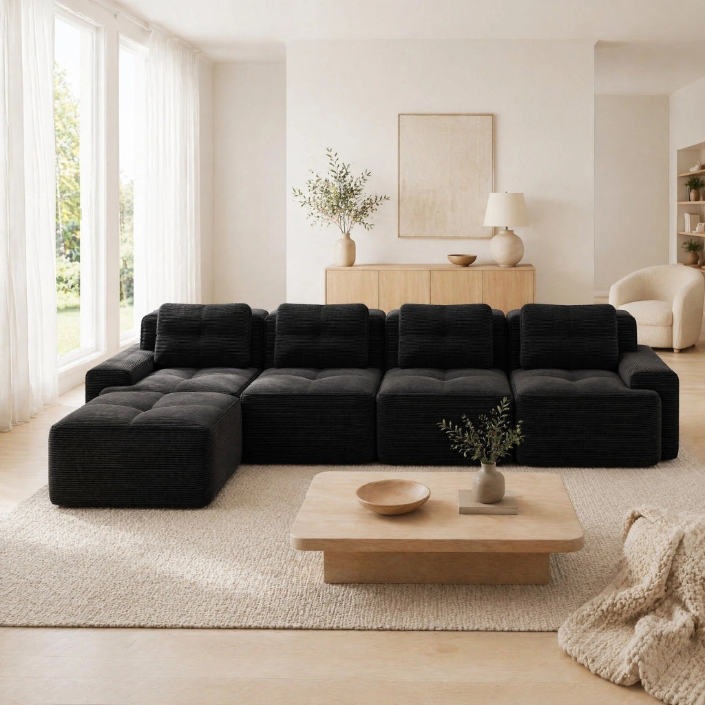 Divano modulare con chaise longue; 4 posti; corduroy; nero; 382x177x69 cm
