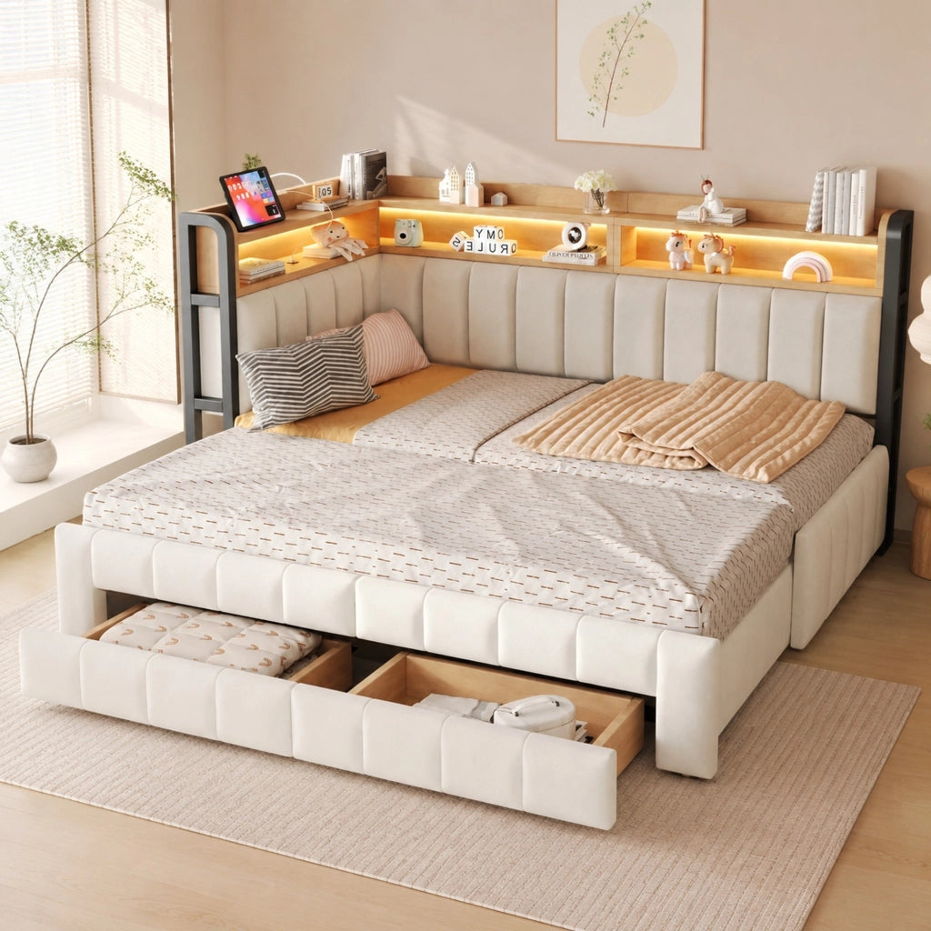 Divano letto imbottito 90x200 cm estensibile in 180x200 cm con contenitori, cassetti, LED e porte USB/Type-C, velluto beige