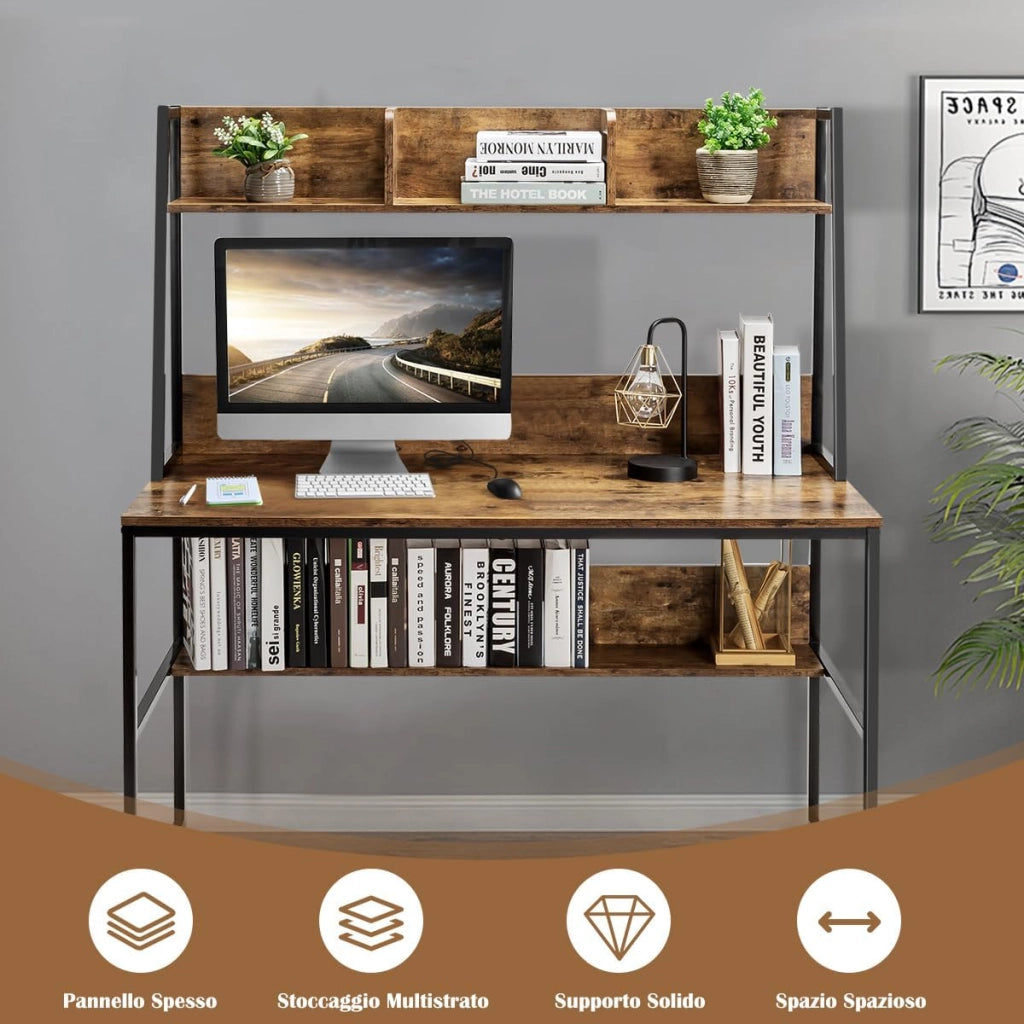 Scrivania con Libreria e Ripiano, Scrivania Salvaspazio per PC Portatile con 3 Scomparti e Ripiano Aperto, Ideale per Ufficio e Casa, 120 x 57 x 140 cm (Marrone)
