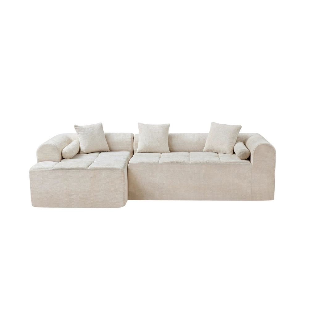 Divano angolare in chenille beige 263 cm con tasca laterale e imbottitura ergonomica