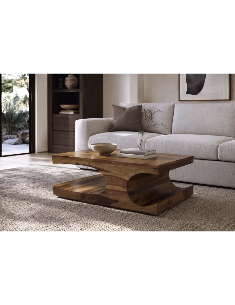 Tavolino basso NOMA 105 cm in legno massello di Sheesham verniciato con nicchie arrotondate