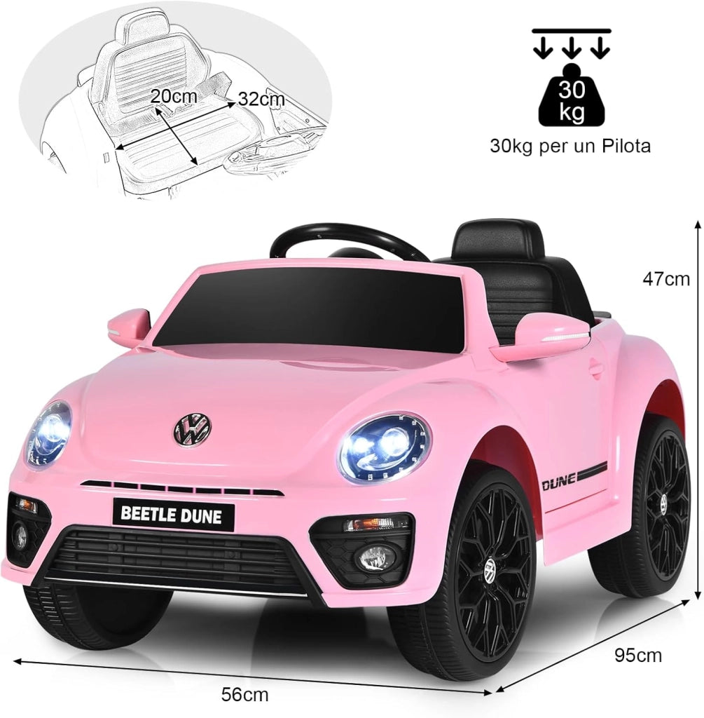 12V Volkswagen Macchina Elettrica per Bambini, Auto Elettrica con Telecomando Luci Musica Doppia Porta, 5km/h Carico 30kg, per Bambini 3-8 Anni (Rosa)