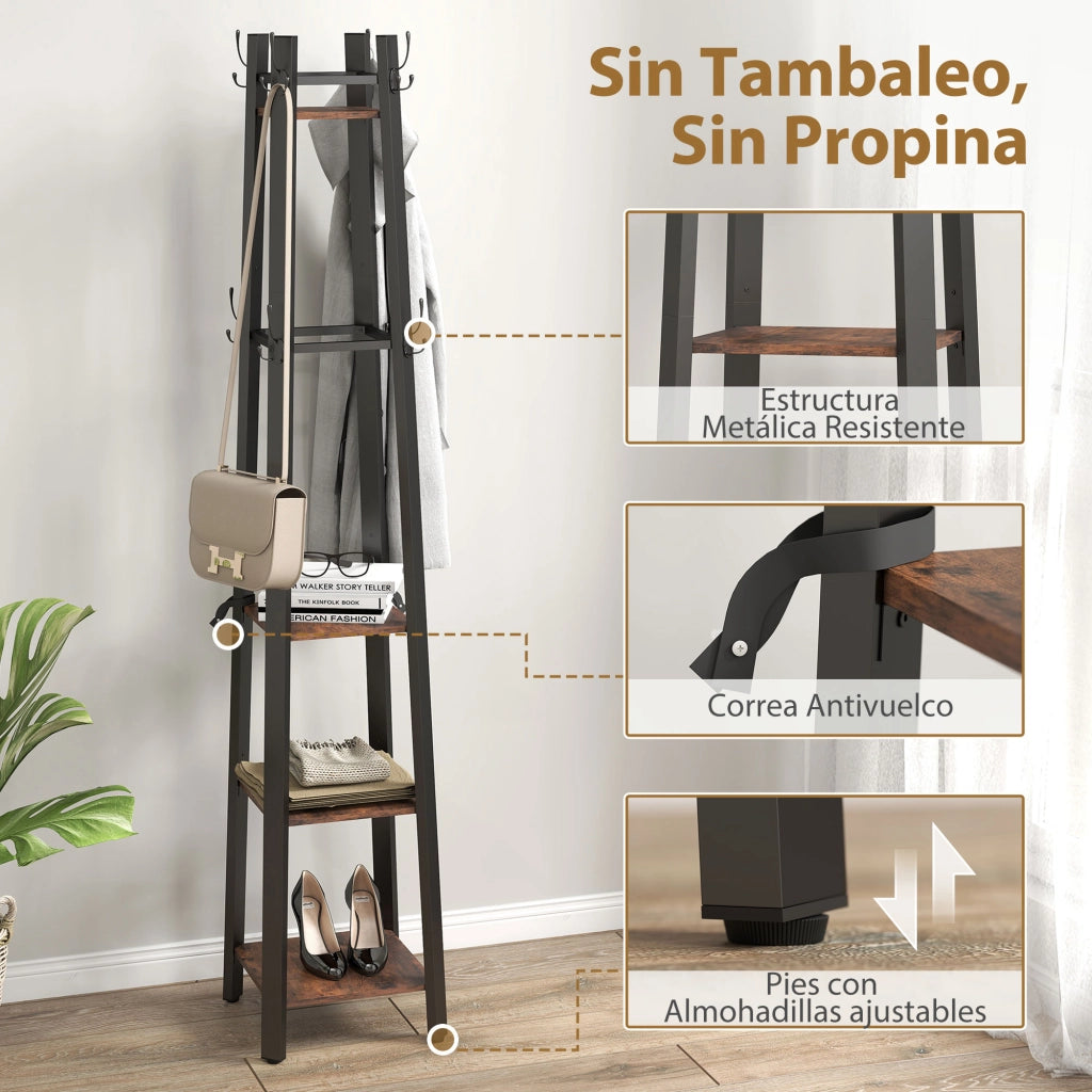 Appendiabiti a 4 livelli con 8 ganci in metallo ¨C zephmum ¨C marrone r¨²stico
