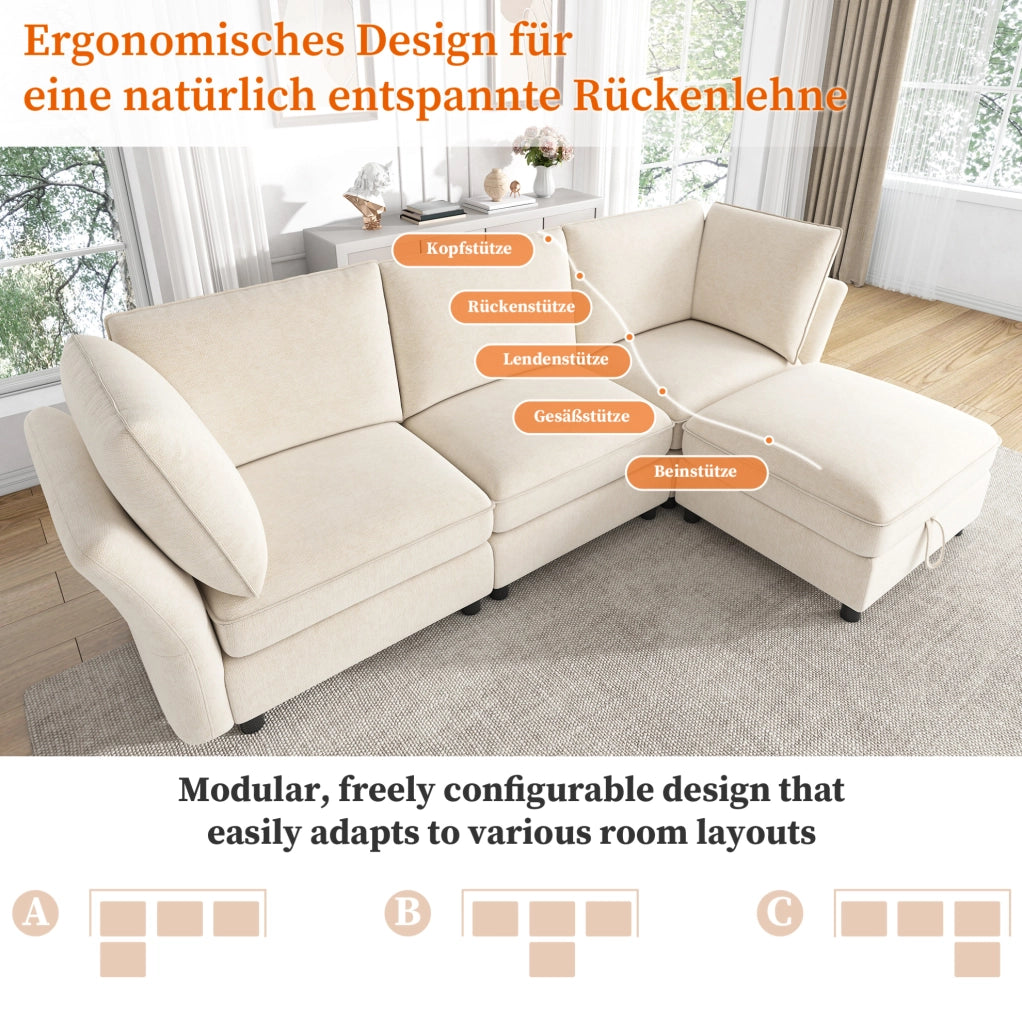 Divano modulare ad angolo a L con pouf contenitore, tessuto chenille beige, 4 posti, con 2 cuscini bracciolo