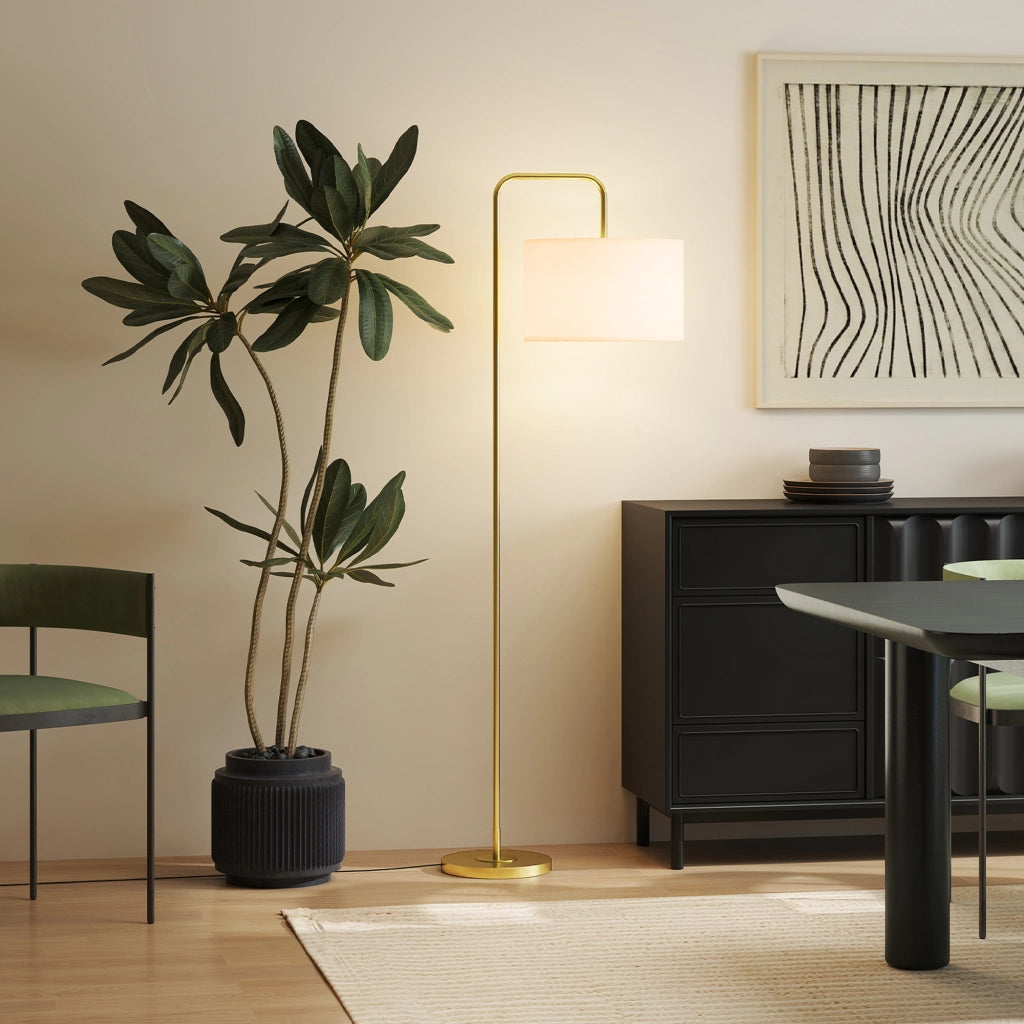 Lampada da Terra Moderna con Paralume in Lino Sintetico ¨C zephmum ¨C 64x38x163,5 cm Bianco e Dorato