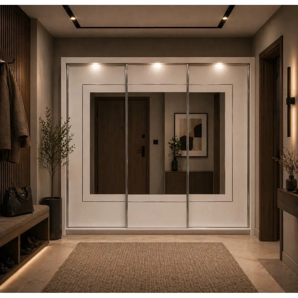 Armadio PANAREA 3 porte scorrevoli con specchi LED 208x213x67 bianco lucido