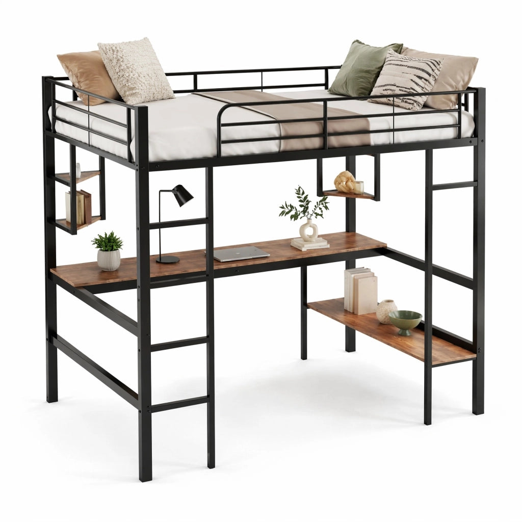 Letto a soppalco 90x200 cm con scrivania; libreria e ripiani; in metallo nero