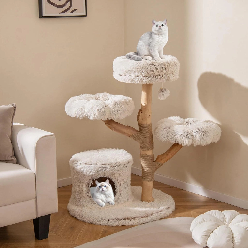 Albero per Gatti, Tiragraffi per Gattini in Legno Alta 102 cm con Condominio, 2 Piattaforme a Forma di Fiore, Trespolo e Palo per Grattarsi in Juta, Mobile da Arrampicata per Interno