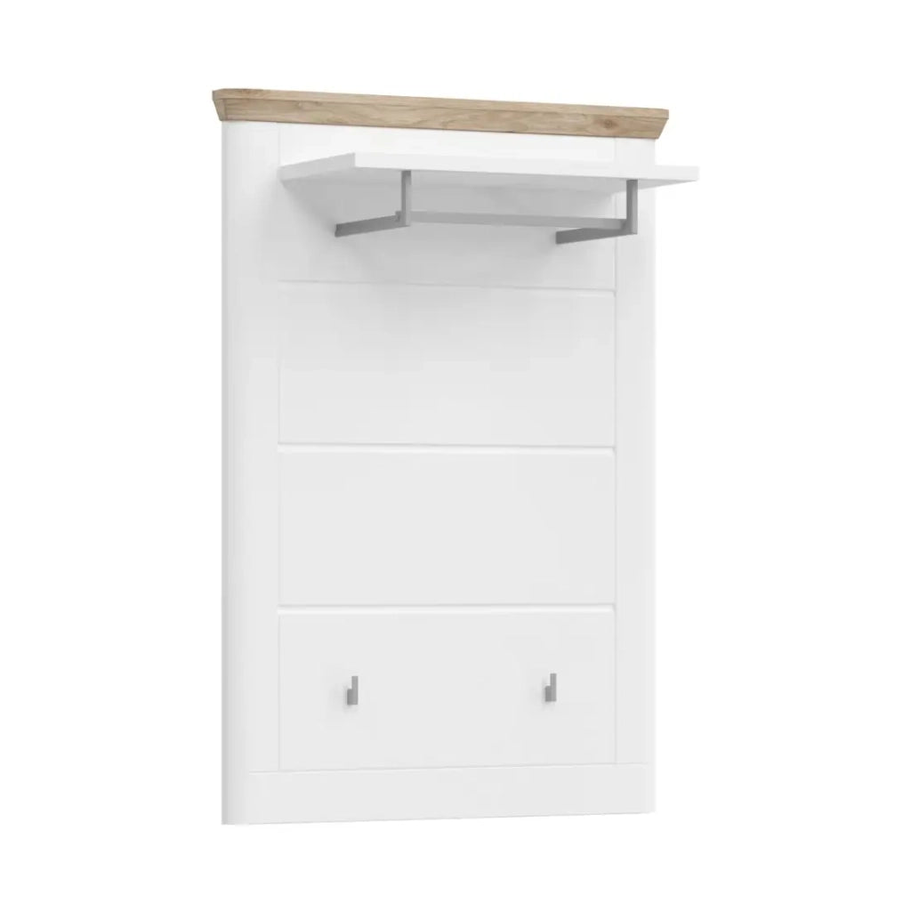 Porta abiti da muro CAMPAGNA bianco e quercia - 3 ganci e mensola, stile campagna