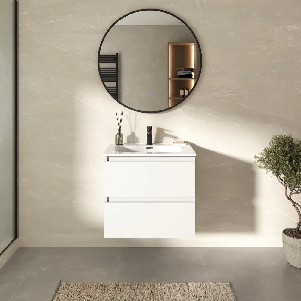 Mobile bagno sospeso 60cm due cassetti bianco opaco con lavabo | Hexa
