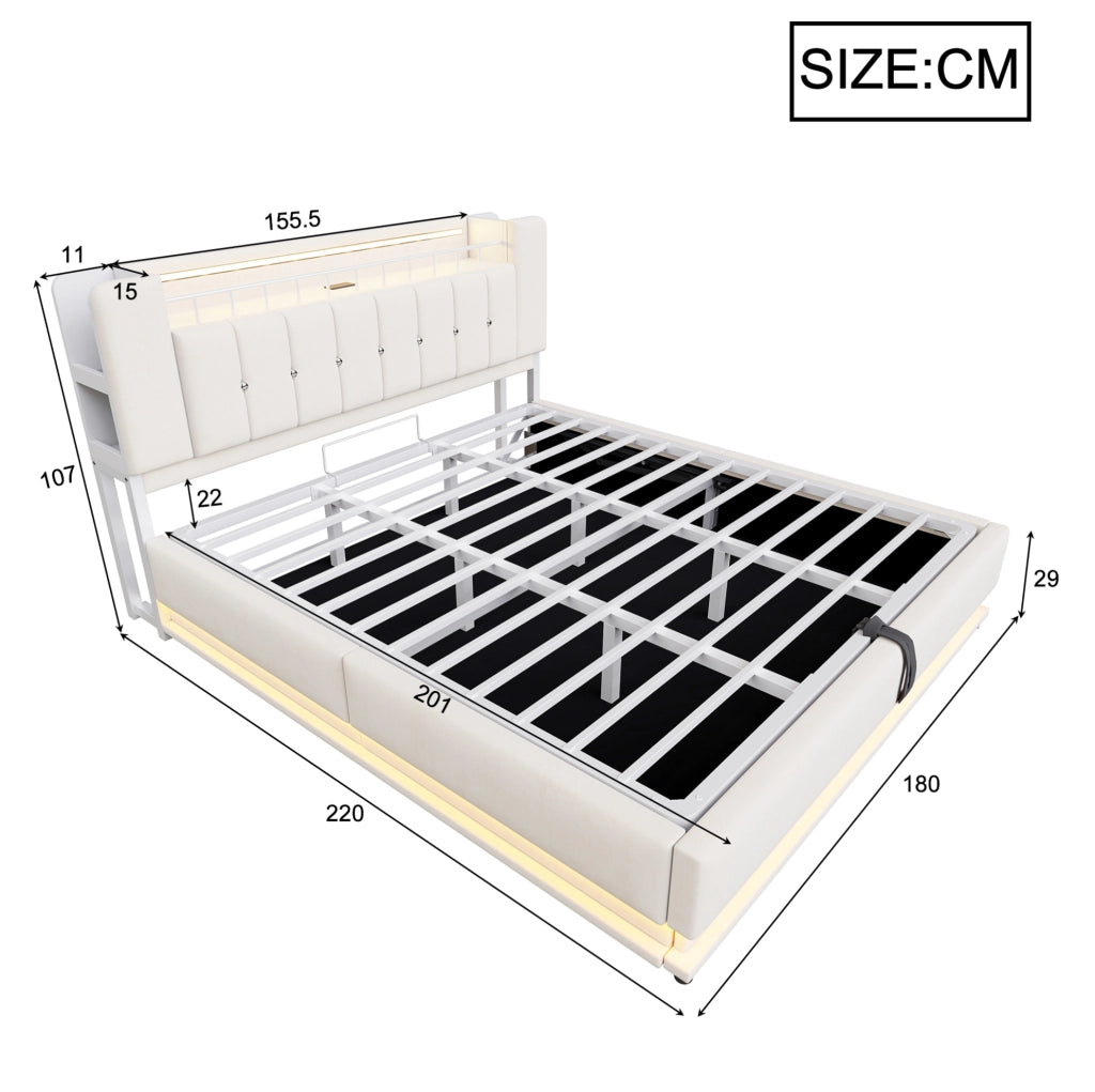 Letto imbottito matrimoniale 180x200 cm con LED; porte USB e contenitore idraulico; beige