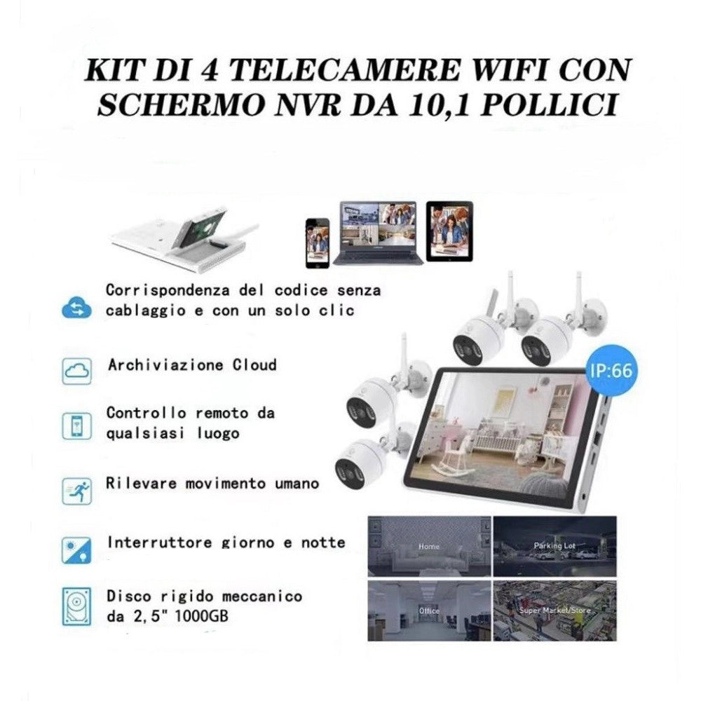 Trade Shop - Kit Di 4 Telecamere Sorveglianza Wifi Ip66 Con Schermo Nvr 10.1" Tv-6125he 8+4 -