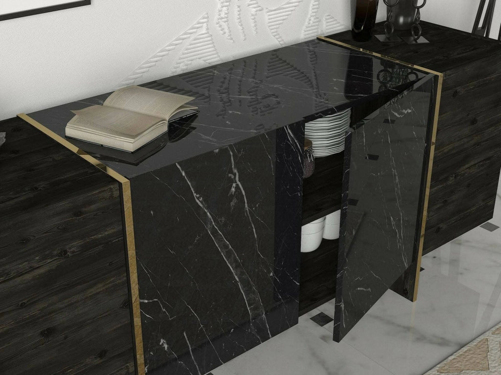 Credenza Asto, Buffet da soggiorno, Madia da salotto, Dispensa da cucina, 180x47h76 cm, Nero e Oro