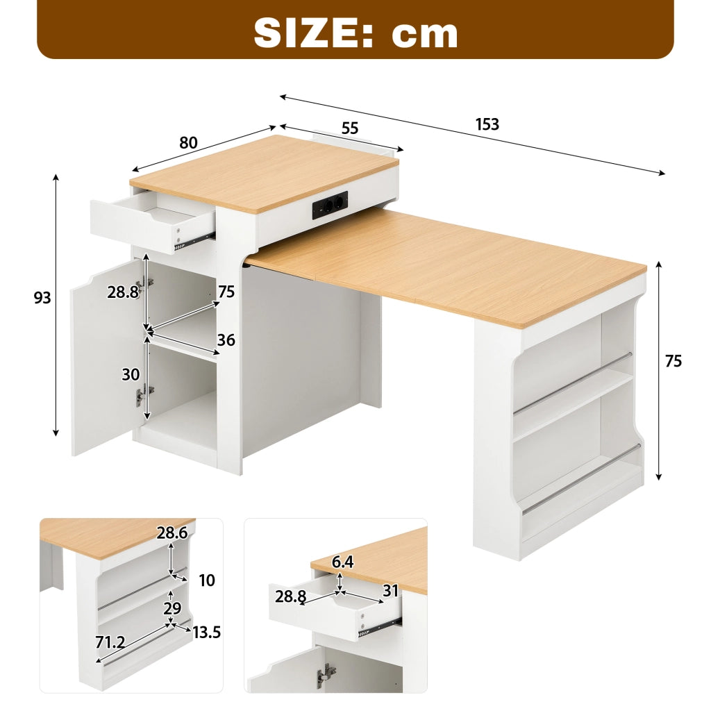 Tavolo allungabile con 2 cassetti e prese; per cucina; in MDF e vetro; bianco