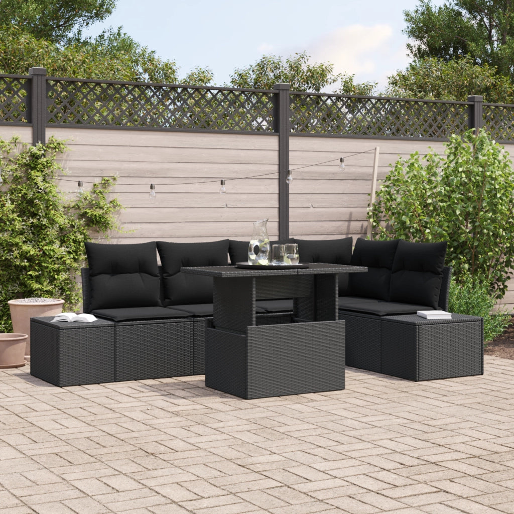 Set di divano da giardino 6 pezzi con cuscini Nero Polyrattan