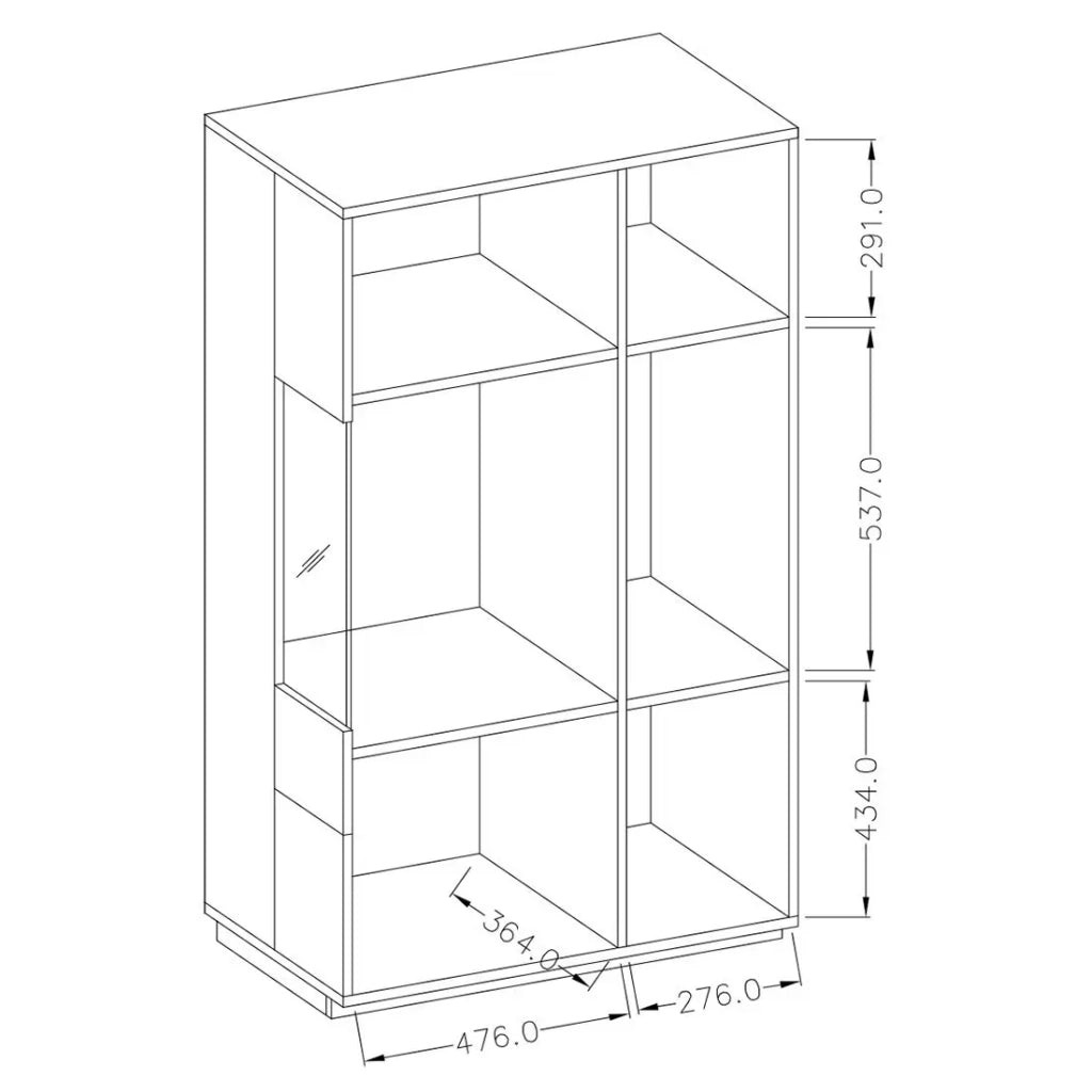 Credenza alta collezione KILES con due porte. Colori bianco e rovere. Porta a vetro a destra.