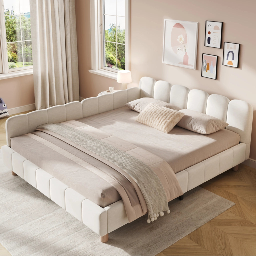 Letto per bambini 140 × 200 cm con barriera di sicurezza, testiera imbottita e tasche laterali, senza materasso, beige
