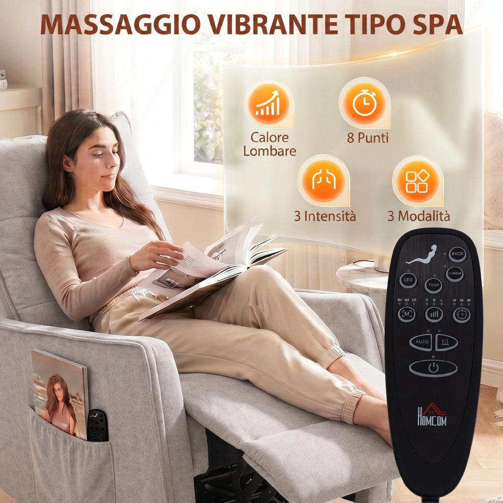 Poltrona Relax Massaggiante  71x93x99 cm Reclinabile con Telecomando e Poggiapiedi in Ciniglia Grigio Chiaro