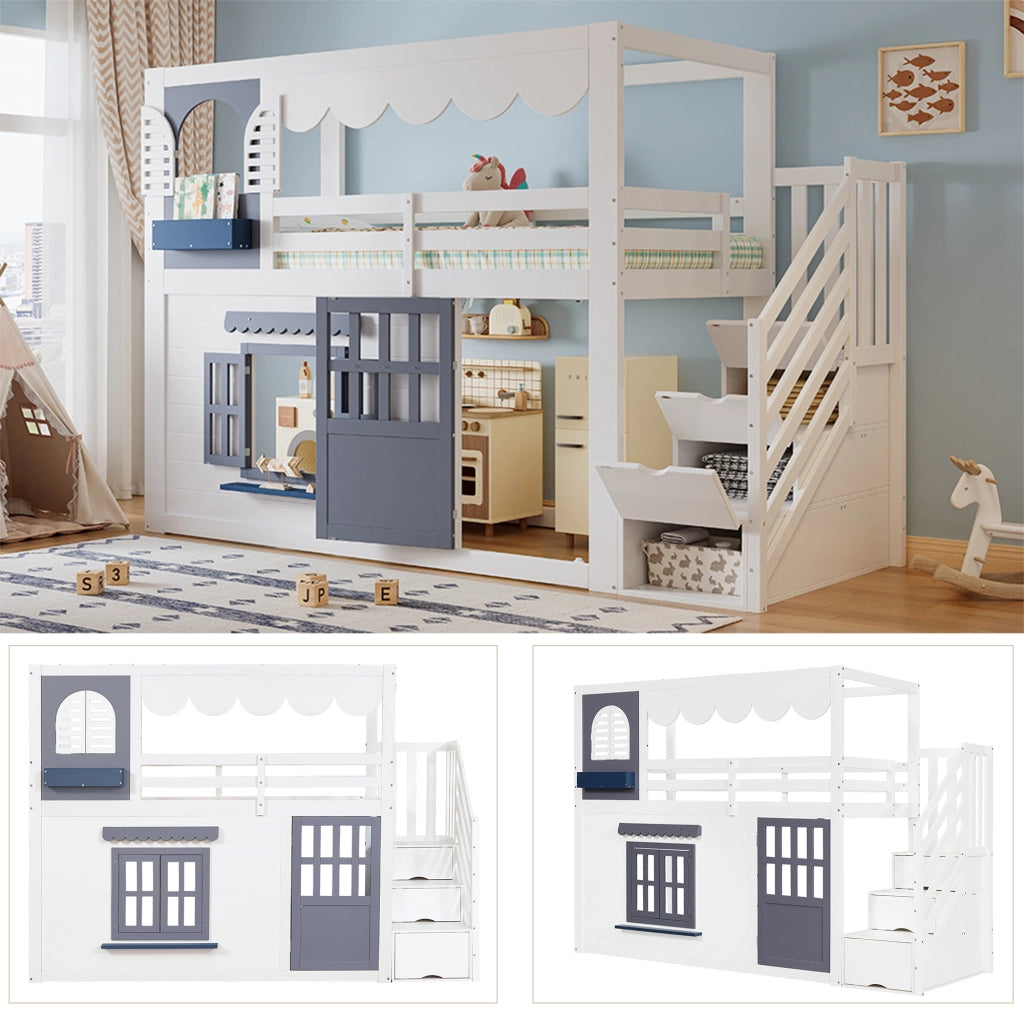 Letto a soppalco per bambini 90x200 cm bianco e blu in pino e compensato con scala contenitore
