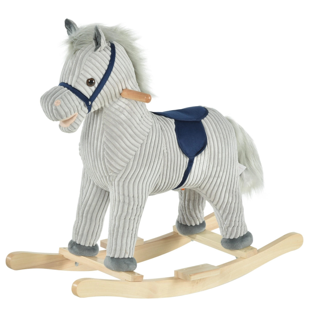 EasyComfort Cavallo a Dondolo per Bambini 3-6 Anni con Suoni in Peluche, 73x35x64cm, Grigio