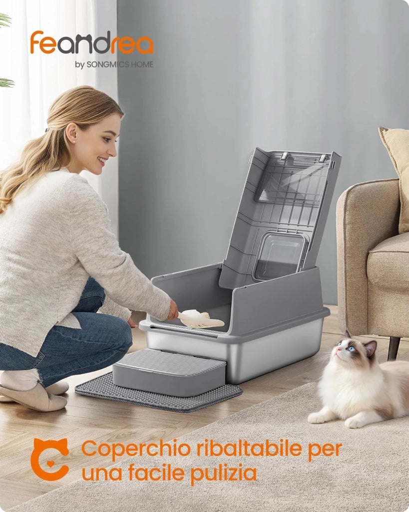 Feandrea Lettiera per Gatti in Acciaio Inox, Toilette per Gatti fino a 15 kg con Coperchio, con Paletta, Tappetino per Lettiera e 2 Ingressi, Grigio Tortora PPT007GN01