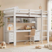 Letto a soppalco 90x200 cm con scrivania; 4 cassetti; in pino e MDF; bianco