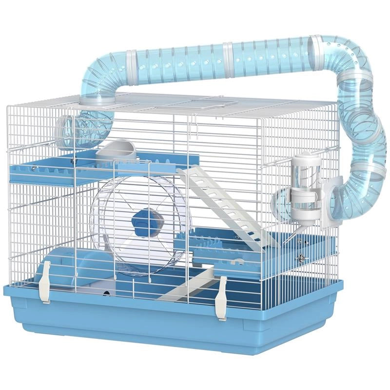 GABBIA PER CRICETI A 3 PIANI CON CASETTA RUOTA CIOTOLA PER CIBO BOTTIGLIA E TUBI 47.X31.5X29.5 CM AZZURRO