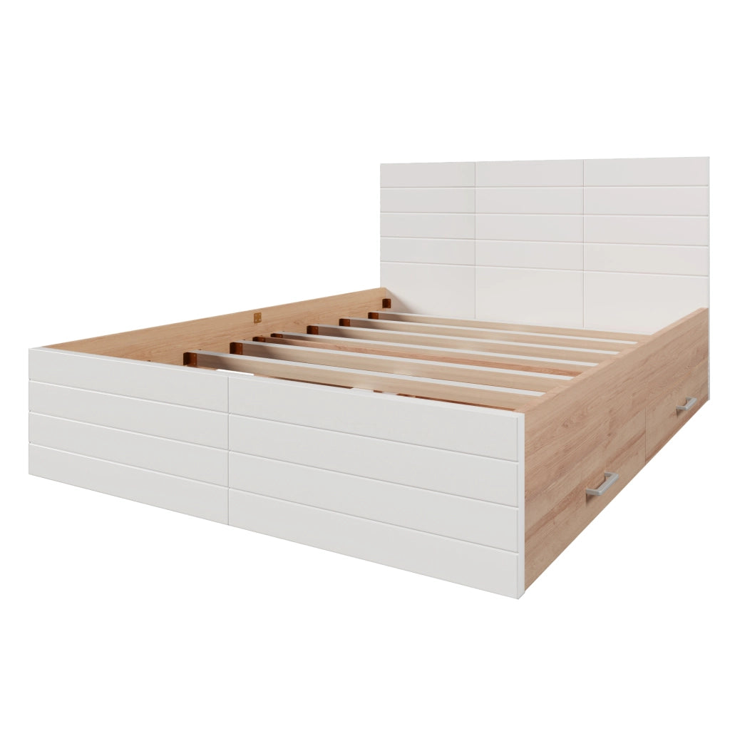 Letto 140x200 con 2 cassetti e rete a doghe bianco e rovere