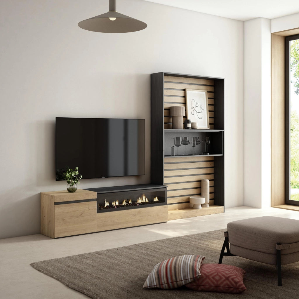 Mobile TV, Soggiorno, 260x35x186cm, Per TV fino a 65", Camino elettrico, colore Rovere e nero RF2539