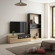 Mobile TV, Soggiorno, 260x35x186cm, Per TV fino a 65", Camino elettrico, colore Rovere e nero RF2539