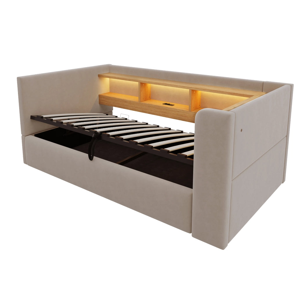 Divano letto imbottito 90x190 cm con vano contenitore idraulico, LED e prese, grigio scuro