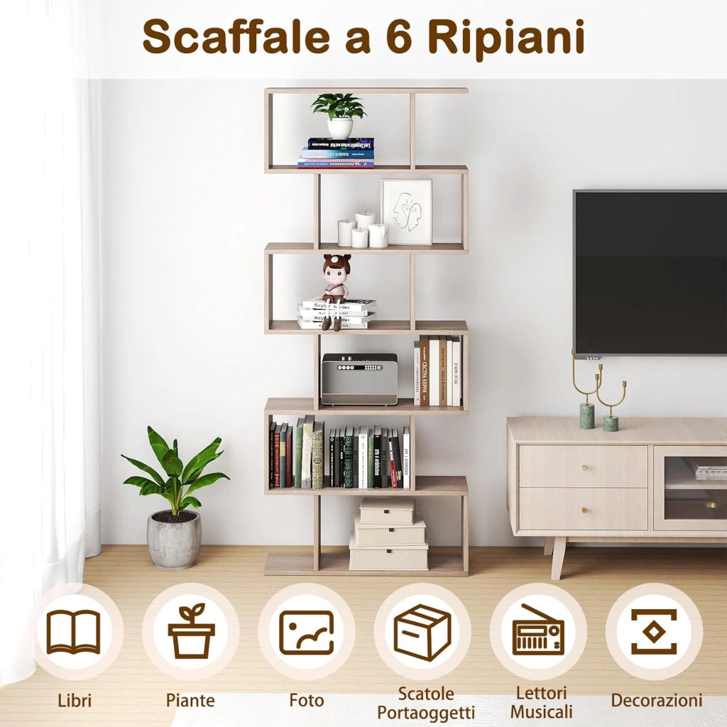 Scaffale a 6 Ripiani, Libreria a Forma di S, Libreria Scaffale da Terra in Legno, Divisorio per Soggiorno, Camera da Letto, Ufficio, 80 x 23 x 192 cm (Quercia)