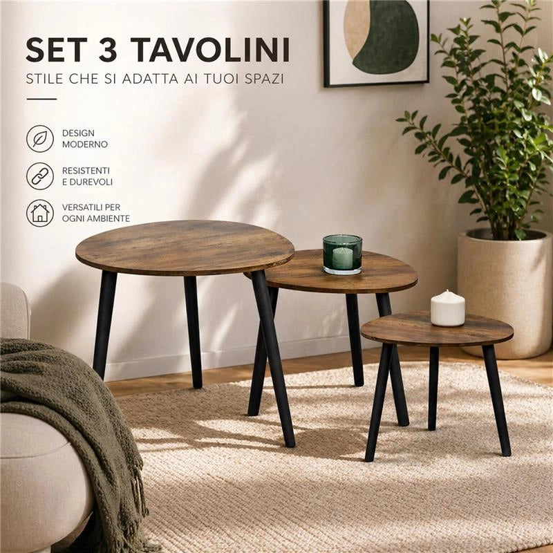 SET DI TRE TAVOLINI CON PIEDI IN LEGNO SCURO CON TOP IN MDF EFFETTO LEGNO SCUROMISURE: 39X32CM, 48X38CM, 59X49CM