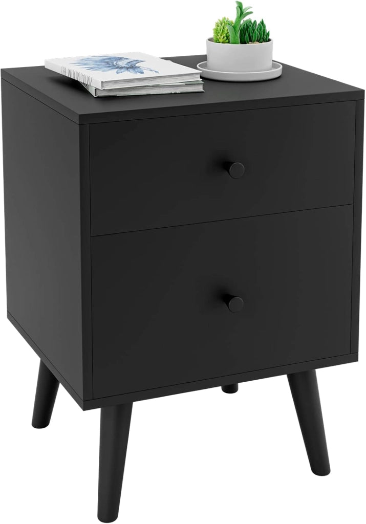 Comodino 45 x 40 x 62 cm per Camera da Letto con 2 Cassetti, Tavolino Moderno da Salotto con Solide Gambe in legno di Gomma, Mobile Salvaspazio per Soggiorno (Nero)
